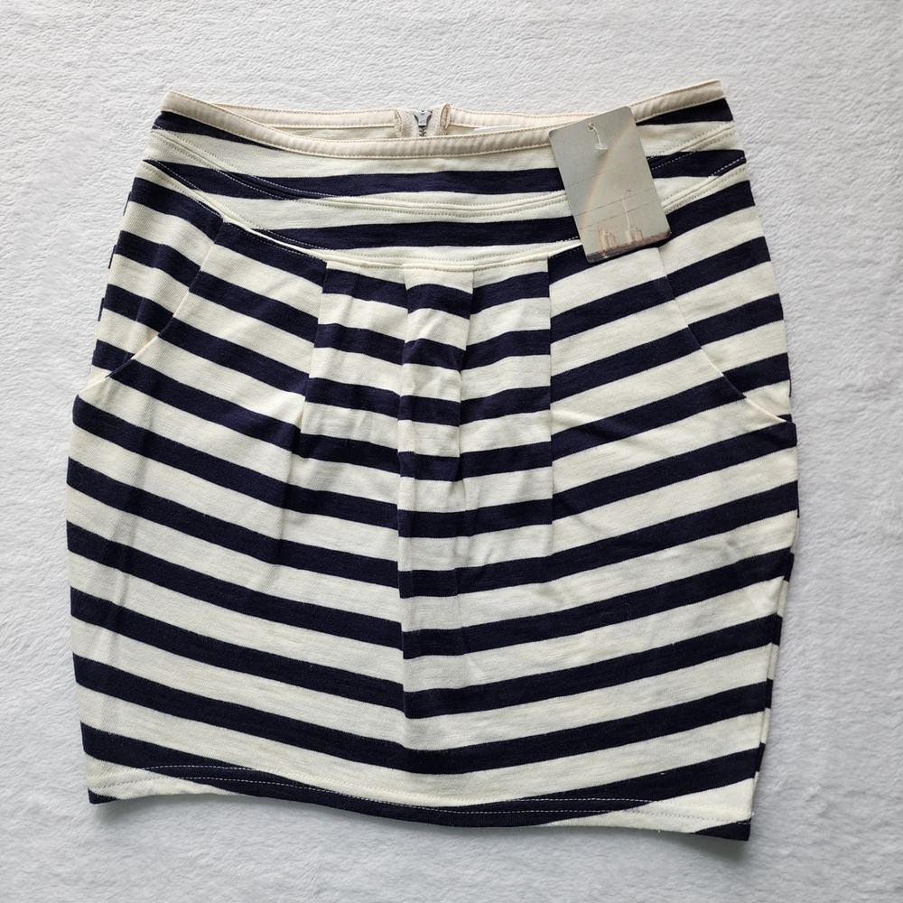 Striped‎ Mini Skirt Womens 2 Blue White Cotton Pleated Pockets Nautical Stretch